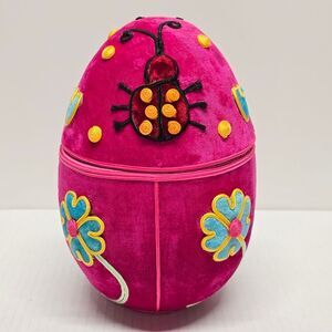 Vintage Huge Ladybug Embroidered Hot Pink Velvet Egg Gift Trinket Box